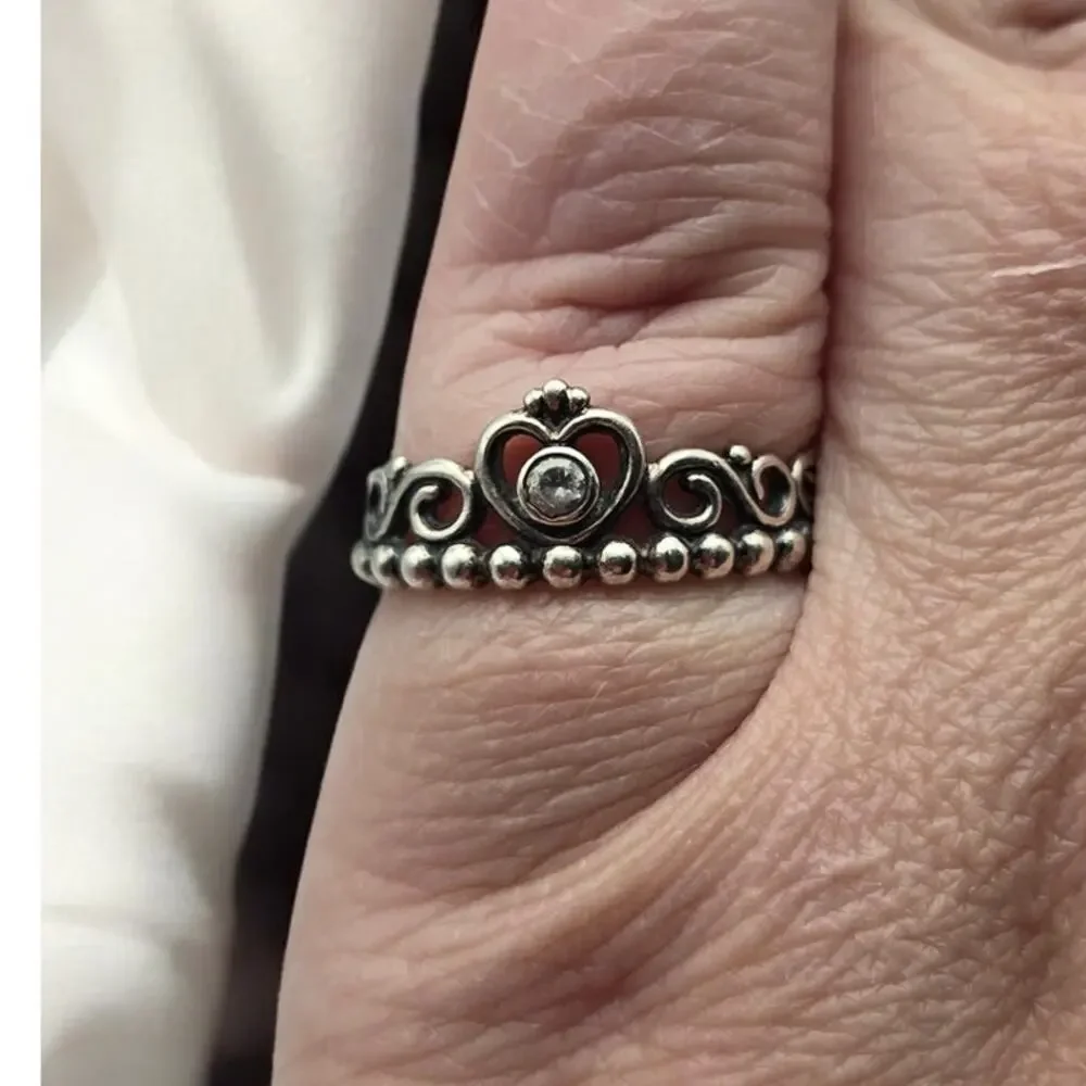 Pandora Princess Tiara Crown Ring Sterling Silver Size 7.5 CZ – Romantic Gift